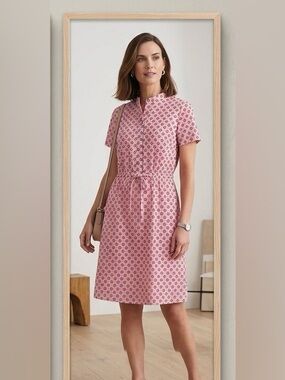Lands' End Pink Printed Short-Sleeve Drawstring Waist Dress